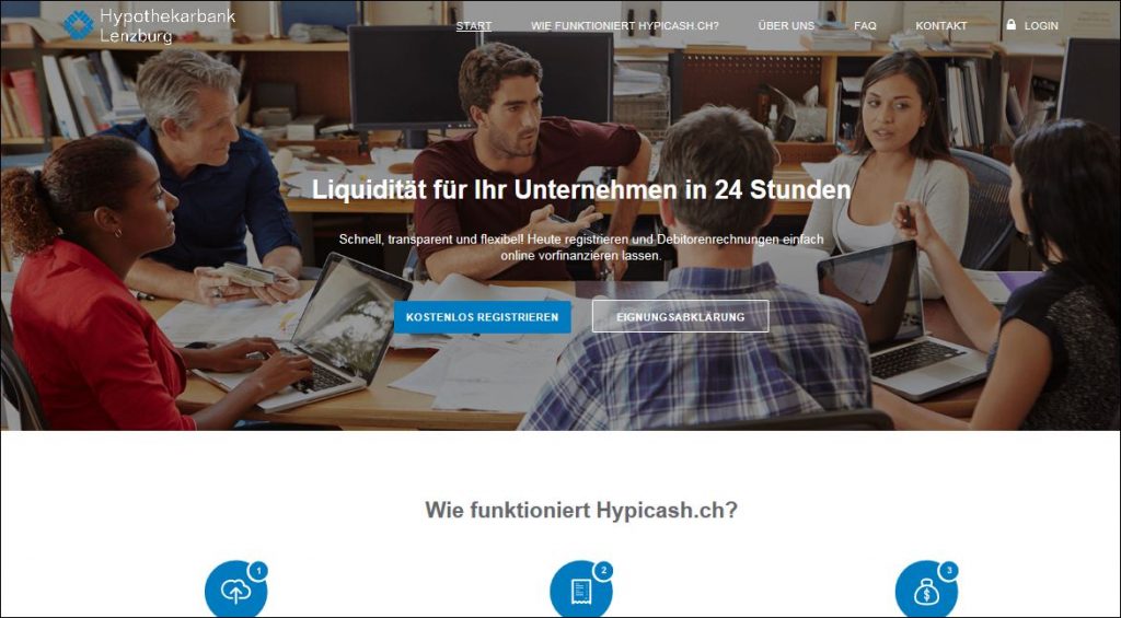 hypicash.ch, die Online-Factoring-Plattform der Hypothekarbank Lenzburg.