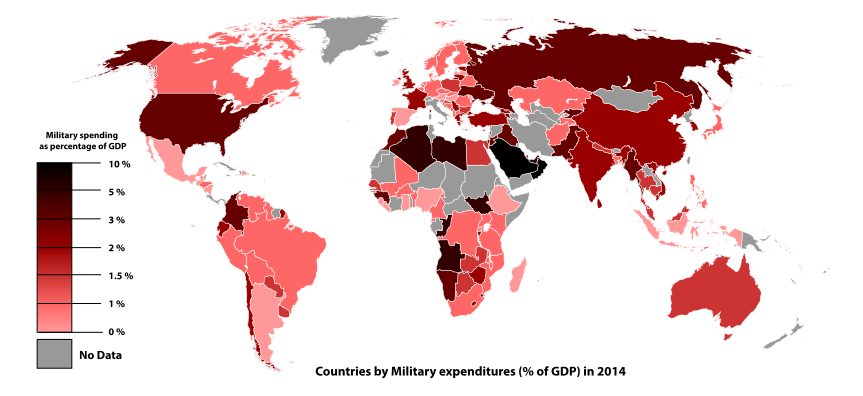 Militärausgaben 2014 der einzelnen Länder in Prozent des BIP. Quelle: Wikipedia.de